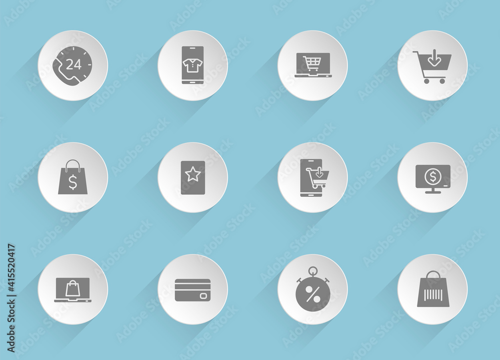 e shopping vector icons on round puffy paper circles with transparent shadows on blue background. e shopping stock vector icons for web, mobile and user interface design e shopping vector icons on round puffy paper circles with transparent shadows on blue background. e shopping stock vector icons for web, mobile and user interface design