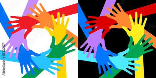 Hands icon set. Rainbow colors. Volunteer logo. United emblem. Solidarity insignia. Vector illustration.