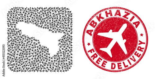 Vector collage Abkhazia map of jet vehicle elements and grunge Free Delivery stamp. Mosaic geographic Abkhazia map designed as carved shape from rounded square shape using flying out airplanes.