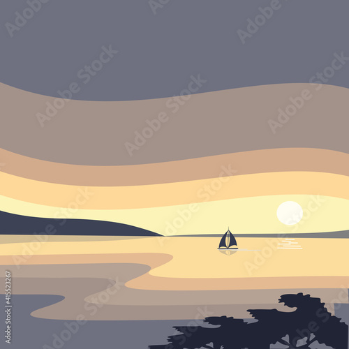 Seascape. Sunrise and a yacht sailing in the distance. Background vector illustration.