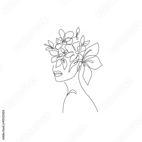 Woman Head with Flowers Line Vector Drawing. Style Template with Female Face with Flowers. Modern Minimalist Simple Linear Style. Beauty Fashion Design