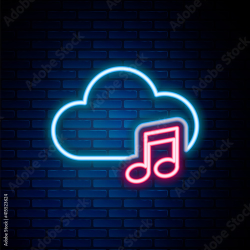 Glowing neon line Music streaming service icon isolated on brick wall background. Sound cloud computing, online media streaming, online song, audio wave. Colorful outline concept. Vector.
