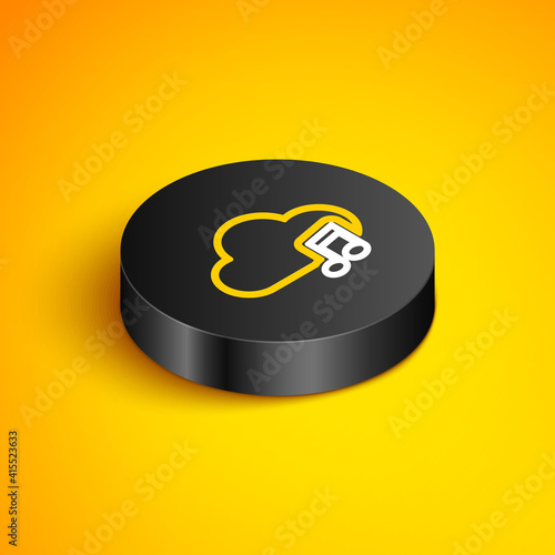 Isometric line Music streaming service icon isolated on yellow background. Sound cloud computing, online media streaming, online song, audio wave. Black circle button. Vector.