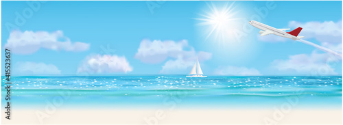 White an air plane fly over the konyaalti beach and blue sea - Antalya, Turkey