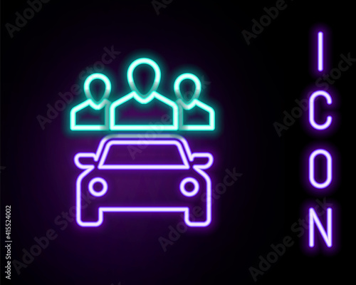 Glowing neon line Car sharing with group of people icon isolated on black background. Carsharing sign. Transport renting service concept. Colorful outline concept. Vector.