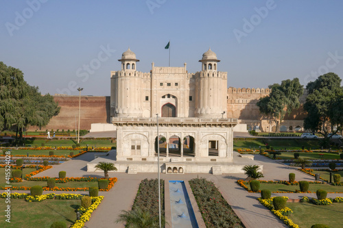 View with garden and marble pavilion of white Alamgiri gate built by mughal emperor Aurangzeb, Lahore fort, UNESCO World Heritage site, Punjab, Pakistan photo