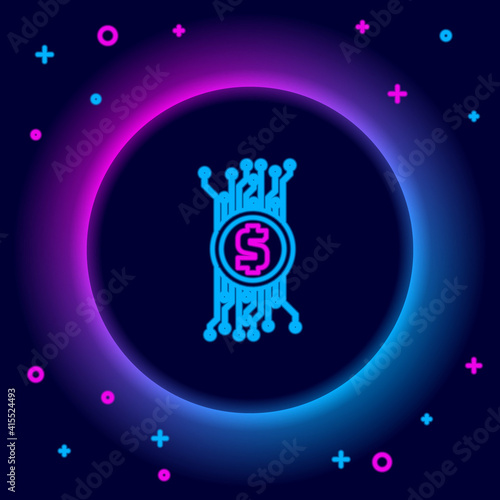 Glowing neon line Cryptocurrency bitcoin in circle with microchip circuit icon isolated on black background. Blockchain technology, digital money market. Colorful outline concept. Vector.