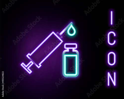 Glowing neon line Medical syringe with needle and vial or ampoule icon isolated on black background. Vaccination, injection, vaccine, insulin concept. Colorful outline concept. Vector.