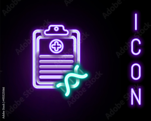 Glowing neon line Clipboard with DNA analysis icon isolated on black background. Genetic engineering, genetics testing, cloning, paternity testing. Colorful outline concept. Vector.