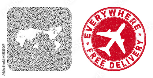 Vector mosaic world map of airliner items and grunge Free Delivery badge. Collage geographic world map created as carved shape from rounded square shape with moving out air force symbols.