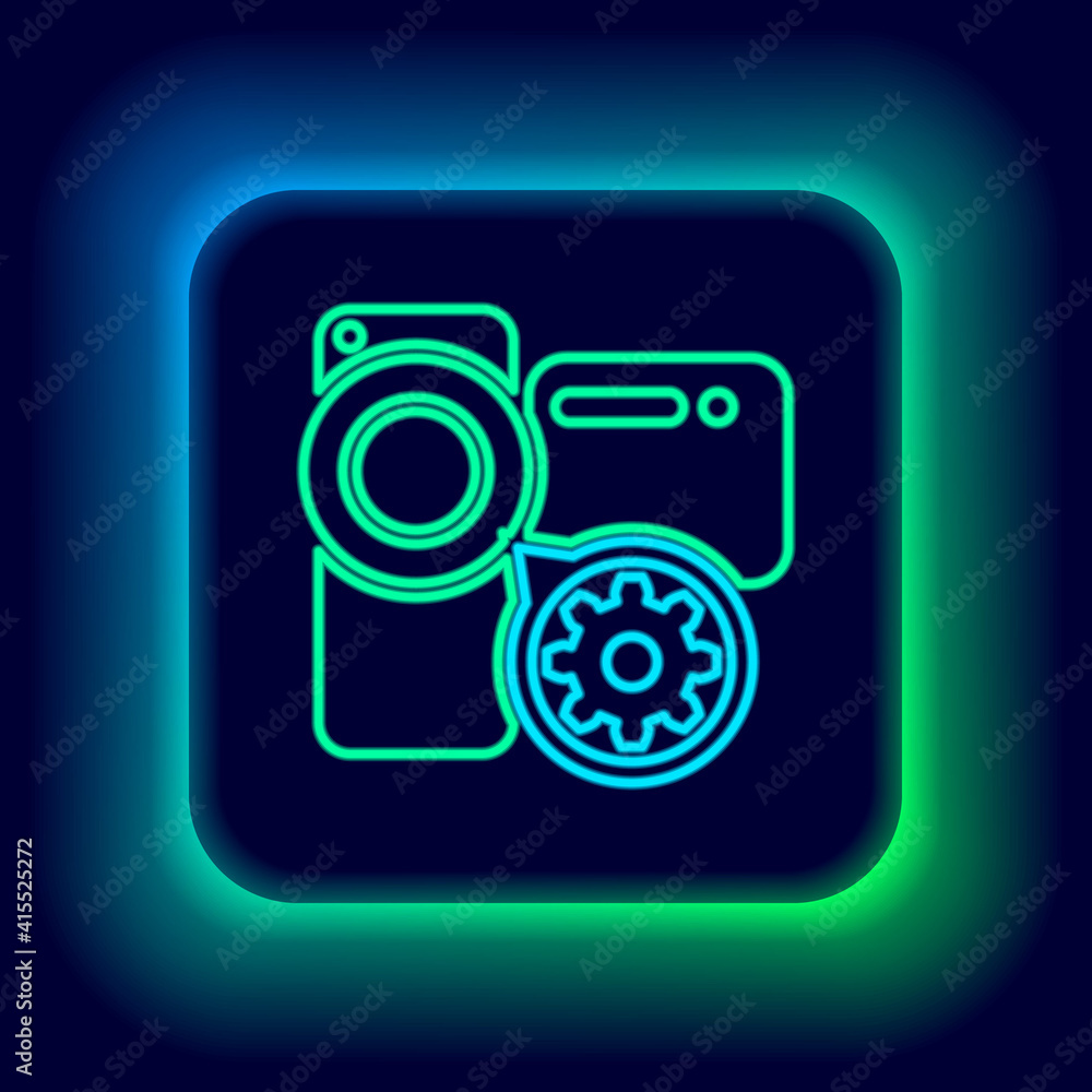 Glowing neon line Video camera and gear icon isolated on black background. Adjusting app, service concept, setting options, maintenance, repair, fixing. Colorful outline concept. Vector. Glowing neon line Video camera and gear icon isolated on black background. Adjusting app, service concept, setting options, maintenance, repair, fixing. Colorful outline concept. Vector.