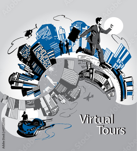 Concept of design in the topic - virtual tours with the image of a big city, skyscrapers and business people. Vector illustration.
