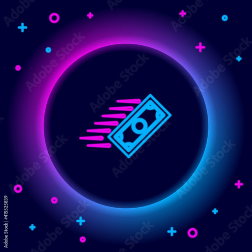 Glowing neon line Fast payments icon isolated on black background. Fast money transfer payment. Financial services, fast loan, time is money, cash back concept. Colorful outline concept. Vector.
