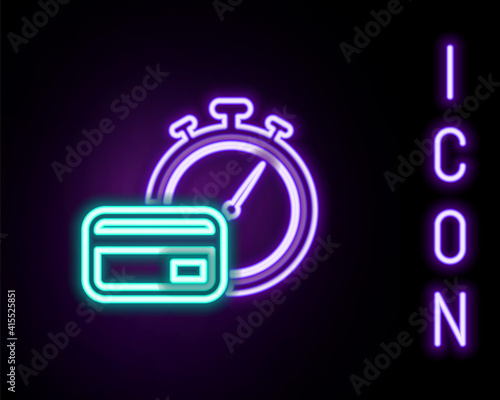 Glowing neon line Fast payments icon isolated on black background. Fast money transfer payment. Financial services, fast loan, time is money, cash back concept. Colorful outline concept. Vector.
