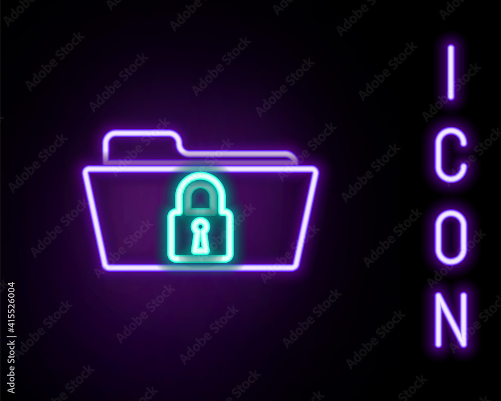 Glowing neon line Folder and lock icon isolated on black background. Closed folder and padlock. Security, safety, protection concept. Colorful outline concept. Vector. Glowing neon line Folder and lock icon isolated on black background. Closed folder and padlock. Security, safety, protection concept. Colorful outline concept. Vector.