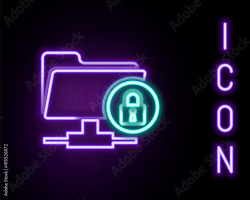 Glowing neon line FTP folder and lock icon isolated on black background. Concept of software update, ftp transfer protocol. Security, safety, protection concept. Colorful outline concept. Vector.