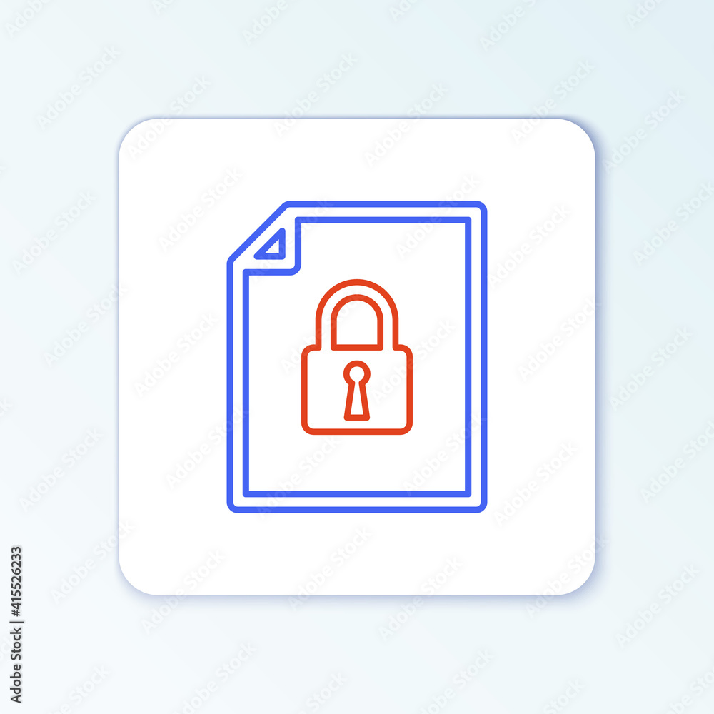 Line Document and lock icon isolated on white background. File format and padlock. Security, safety, protection concept. Colorful outline concept. Vector. Line Document and lock icon isolated on white background. File format and padlock. Security, safety, protection concept. Colorful outline concept. Vector.