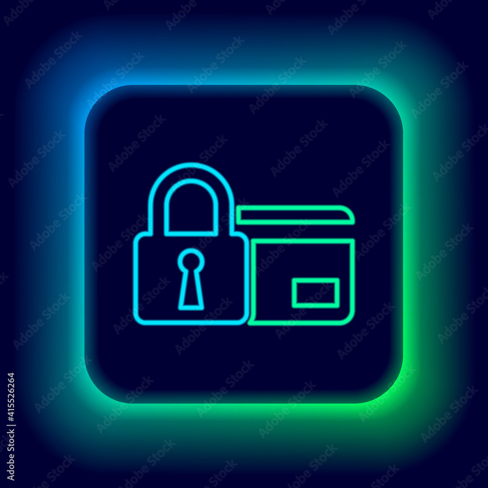Glowing neon line Credit card with lock icon isolated on black background. Locked bank card. Security, safety, protection concept. Concept of a safe payment. Colorful outline concept. Vector. Glowing neon line Credit card with lock icon isolated on black background. Locked bank card. Security, safety, protection concept. Concept of a safe payment. Colorful outline concept. Vector.