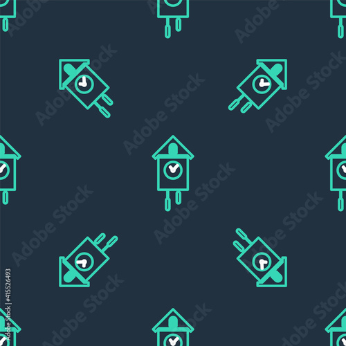 Line Retro wall watch icon isolated seamless pattern on black background. Cuckoo clock sign. Antique pendulum clock. Vector.