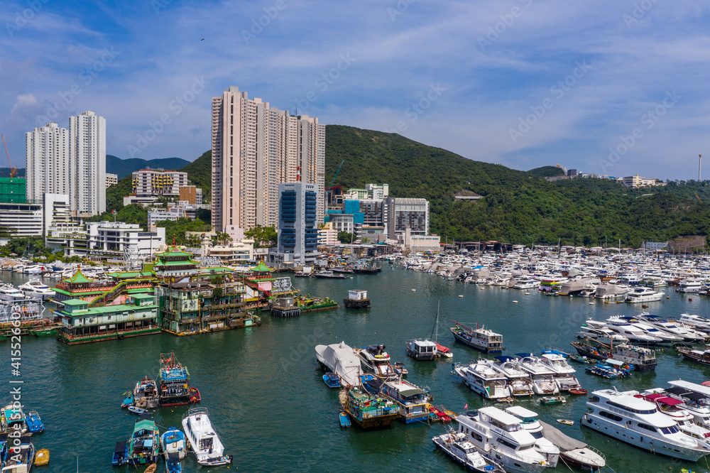 Drone fly over Hong Kong typhoon shelter in aberdeen