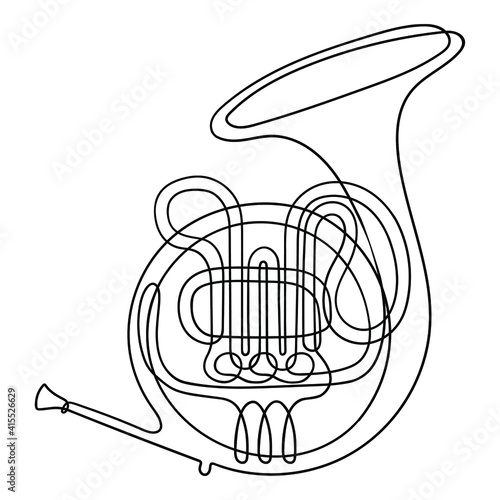 One line drawing. Musical wind instrument French horn.