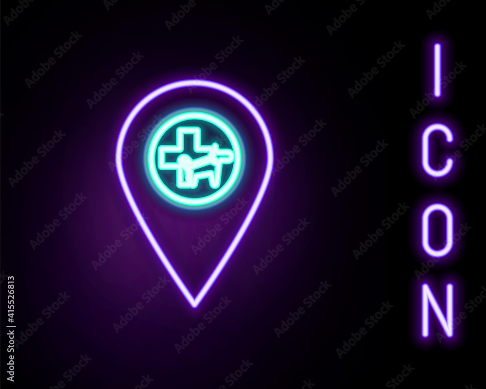 Glowing neon line Map pointer with veterinary medicine hospital, clinic or pet shop for animals icon isolated on black background. Vet or veterinarian clinic. Colorful outline concept. Vector. Glowing neon line Map pointer with veterinary medicine hospital, clinic or pet shop for animals icon isolated on black background. Vet or veterinarian clinic. Colorful outline concept. Vector.