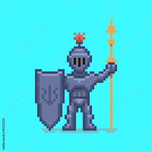 colorful simple flat pixel art illustration of medieval guard knight with spear and shield in hands