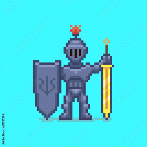colorful simple flat pixel art illustration of medieval guard knight with sword and shield in hands
