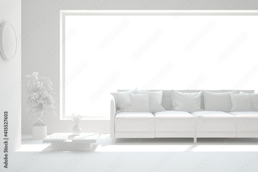 Mock up of stylish room in white color with sofa. Scandinavian interior design. 3D illustration Mock up of stylish room in white color with sofa. Scandinavian interior design. 3D illustration