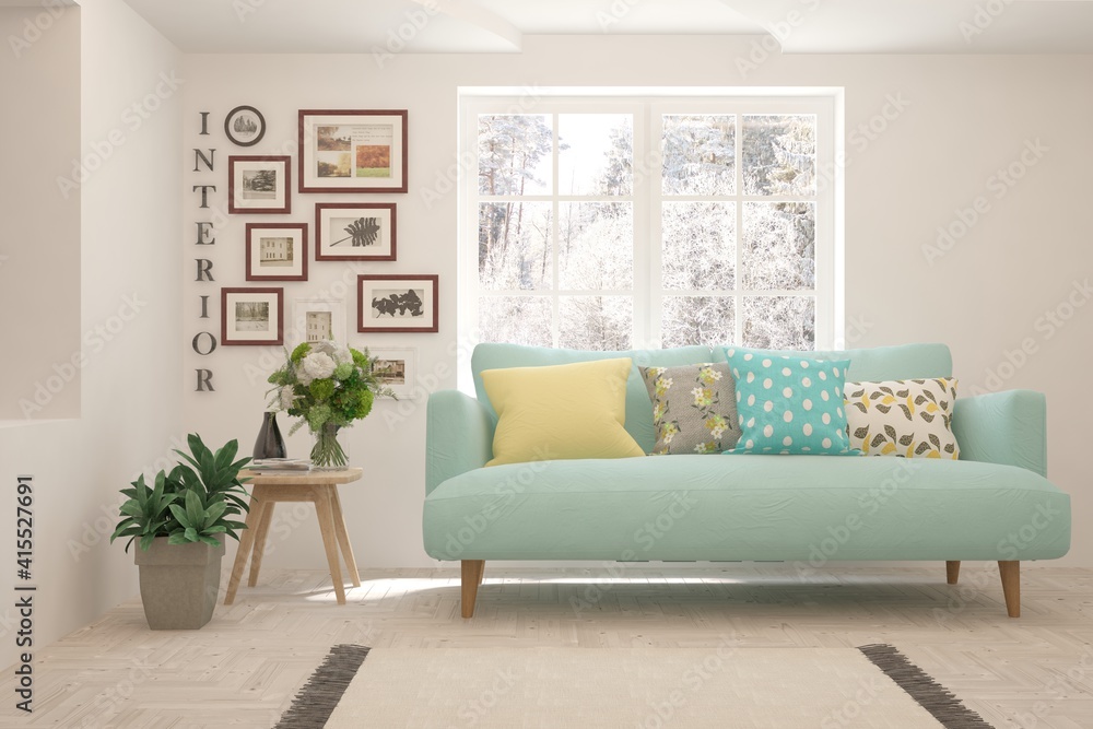 White living room with sofa and winter landscape in window. Scandinavian interior design. 3D illustration White living room with sofa and winter landscape in window. Scandinavian interior design. 3D illustration
