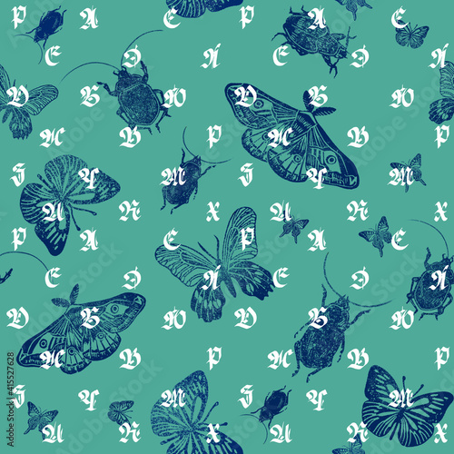 Seamless pattern with latin letters fraktur and blue butterflies and beetles linocut on a mint background