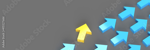 Be different and authentic concept: Many 3d rendering arrows on grey background with dropped shadow and copy space. Diverse yellow sign standing out. Visualization of Graphic illustration Design 