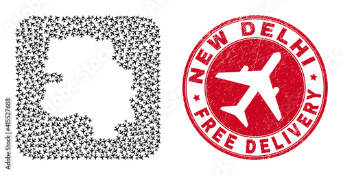 Vector collage New Delhi City map of aeroplane elements and grunge Free Delivery badge. Collage geographic New Delhi City map constructed as stencil from rounded square with flying out airplanes.