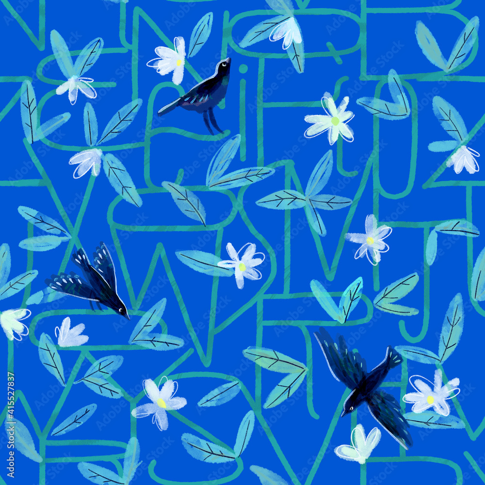 Seamless floral pattern with leaves and birds on blue background Seamless floral pattern with leaves and birds on blue background
