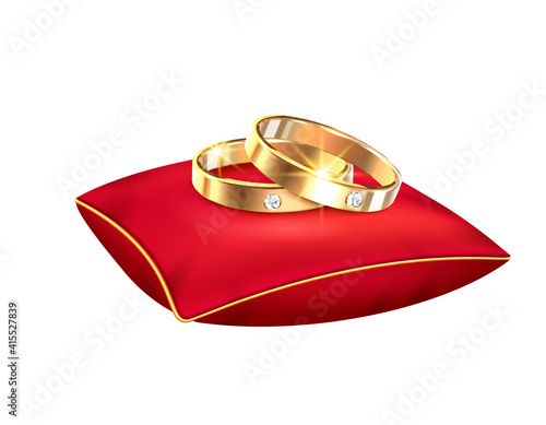 Wedding rings realistic big set with isolated images of alliance rings red ribbons boxes and pillows vector illustration