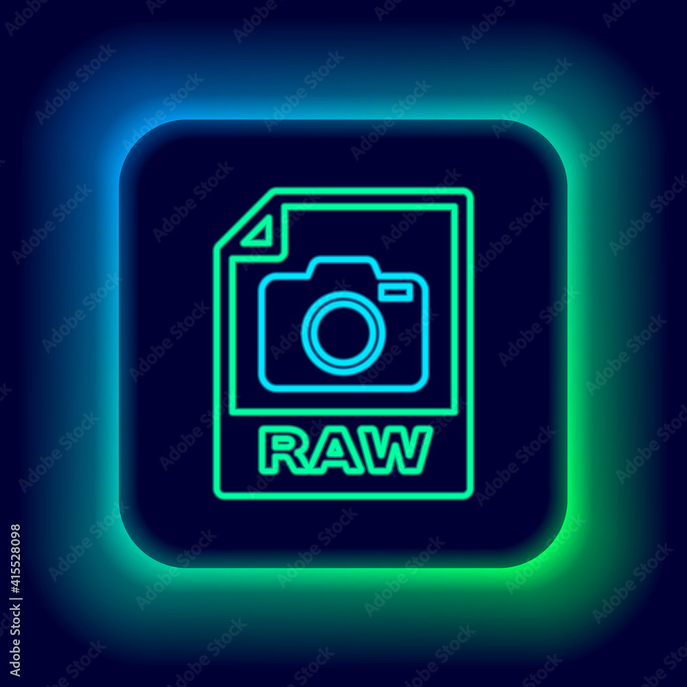 Glowing neon line RAW file document. Download raw button icon isolated on black background. RAW file symbol. Colorful outline concept. Vector. Glowing neon line RAW file document. Download raw button icon isolated on black background. RAW file symbol. Colorful outline concept. Vector.
