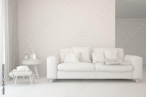 White minimalist living room with sofa. Scandinavian interior design. 3D illustration © AntonSh