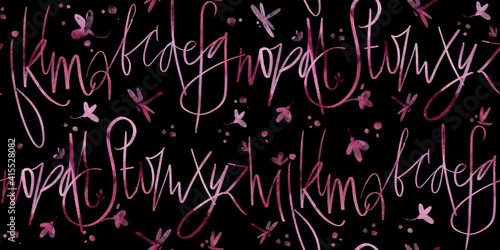 Pink pattern with letters and flowers on a black background
