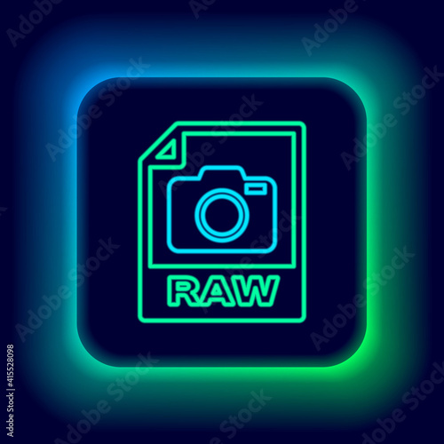 Glowing neon line RAW file document. Download raw button icon isolated on black background. RAW file symbol. Colorful outline concept. Vector.