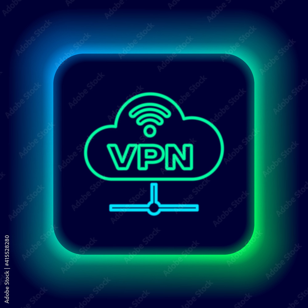Glowing neon line VPN Network cloud connection icon isolated on black background. Social technology. Cloud computing concept. Colorful outline concept. Vector. Glowing neon line VPN Network cloud connection icon isolated on black background. Social technology. Cloud computing concept. Colorful outline concept. Vector.