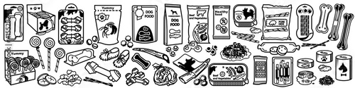 Set of icons of dog foods and treats. Staple dog food and pet delicacies. Vector Illustration