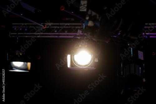 Professional lighting equipment in the studio of a news broadcaster during a live transmission. © MoiraM