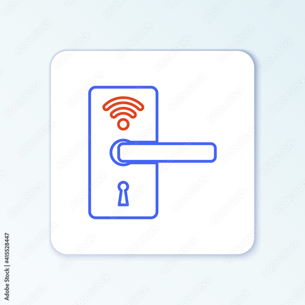 Line Digital door lock with wireless technology for unlock icon isolated on white background. Door handle sign. Security smart home. Colorful outline concept. Vector. Line Digital door lock with wireless technology for unlock icon isolated on white background. Door handle sign. Security smart home. Colorful outline concept. Vector.