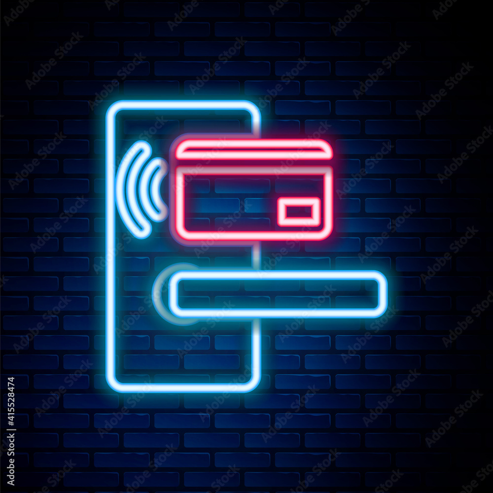 Glowing neon line Digital door lock with wireless technology for unlock icon isolated on brick wall background. Door handle sign. Security smart home. Colorful outline concept. Vector. Glowing neon line Digital door lock with wireless technology for unlock icon isolated on brick wall background. Door handle sign. Security smart home. Colorful outline concept. Vector.