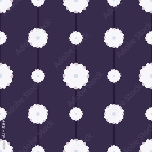 Vector seamless floral pattern. Floral pattern on the purple background. White flat garden flowers. Printable for notebook cover and cardboard. Violet wallpaper.
