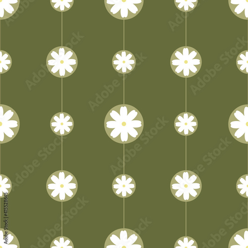 Green floral seamless pattern. Pattern whith spring garden flowers. Flat vector flowers on the green background. Printable for notebook cover and cardboard. Green wallpaper.