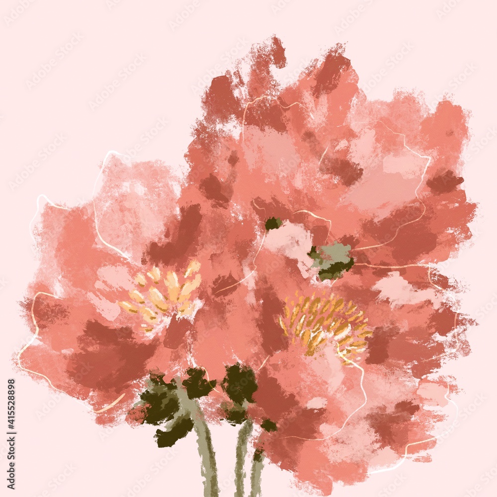 Bouquet of peony buds flowers. Postcard square for the international women's day on March 8. Textured digital art hand drawing. Print for textiles, banner, poster, advertising, packaging