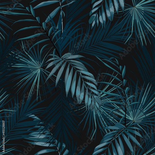 Fashionable seamless tropical pattern with blue tropical palm leaves on a black background. Beautiful exotic plants. Trendy summer Hawaii print. Line stylish floral.