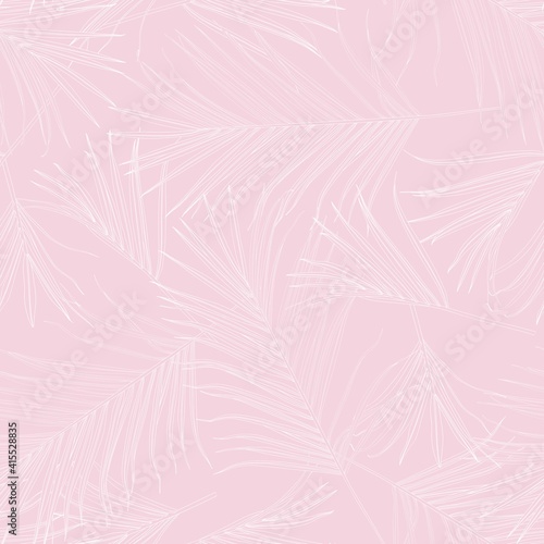 Nature seamless pattern. Hand drawn tropical summer background: white palm tree leaves, line art on pink background. 