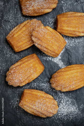 French madeleines cookies with icing sugar on a stone plate
